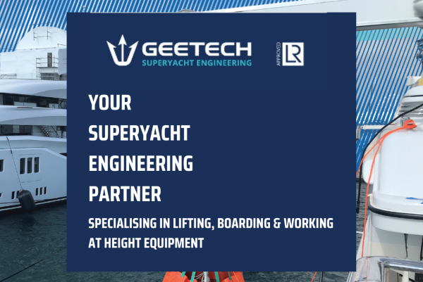 Yachts in the back ground with text: your superyacht engineering partner GEETECH