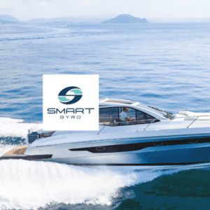 Fast going silver white and black motor yacht with logo smart gyro
